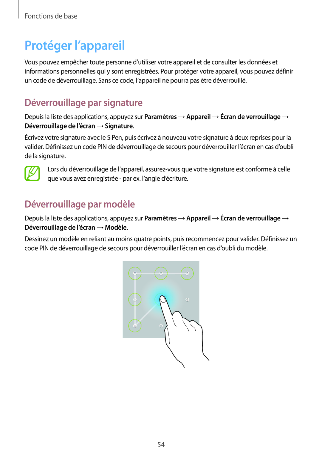 Samsung SM-P9050ZWAXEF, SM-P9050ZKAXEF manual Protéger l’appareil, Déverrouillage par signature, Déverrouillage par modèle 