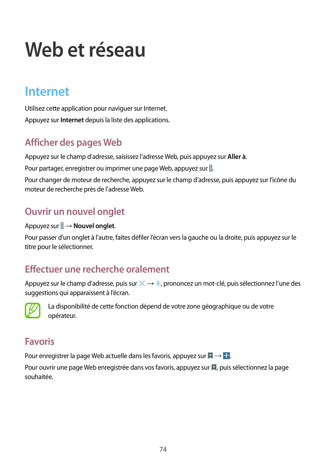 Samsung SM-P9050ZWAXEF manual Internet, Afficher des pages Web, Ouvrir un nouvel onglet, Effectuer une recherche oralement 