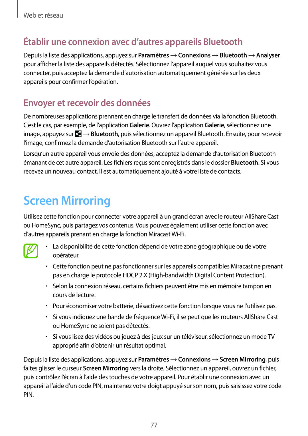 Samsung SM-P9050ZKAXEF, SM-P9050ZWAXEF manual Screen Mirroring, Établir une connexion avec d’autres appareils Bluetooth 