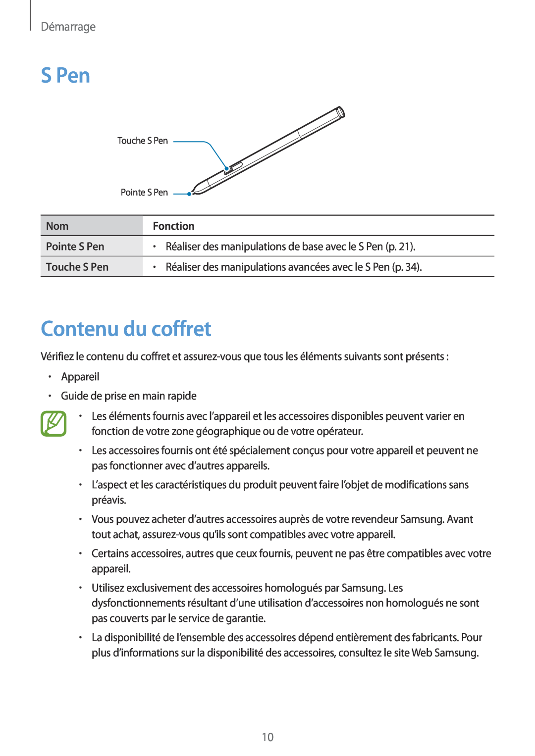 Samsung SM-P9050ZWAXEF Contenu du coffret, Pointe S Pen, Réaliser des manipulations de base avec le S Pen p, Démarrage 