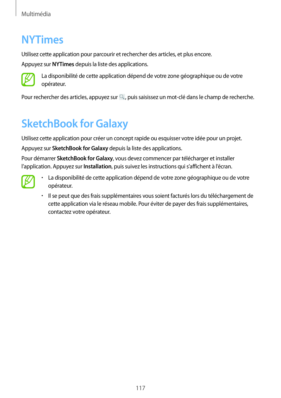 Samsung SM-P9050ZKAXEF, SM-P9050ZWAXEF manual NYTimes, SketchBook for Galaxy, Multimédia 