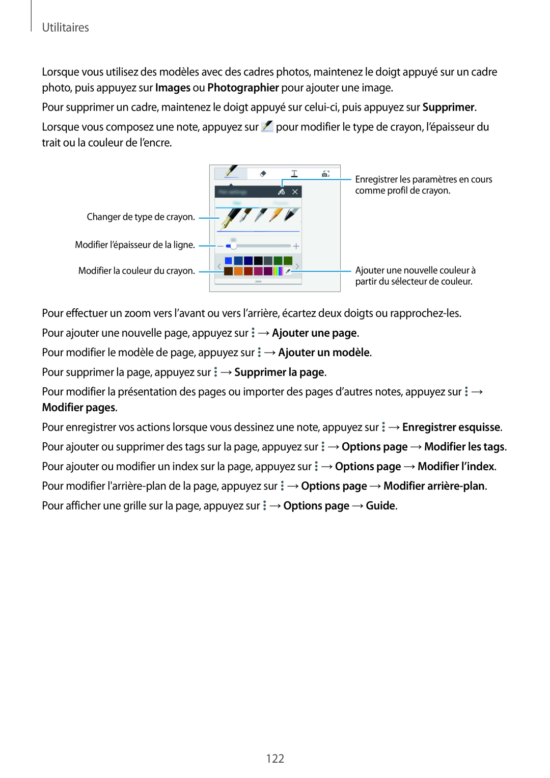 Samsung SM-P9050ZWAXEF, SM-P9050ZKAXEF manual Utilitaires, →Options page →Modifier l’index 