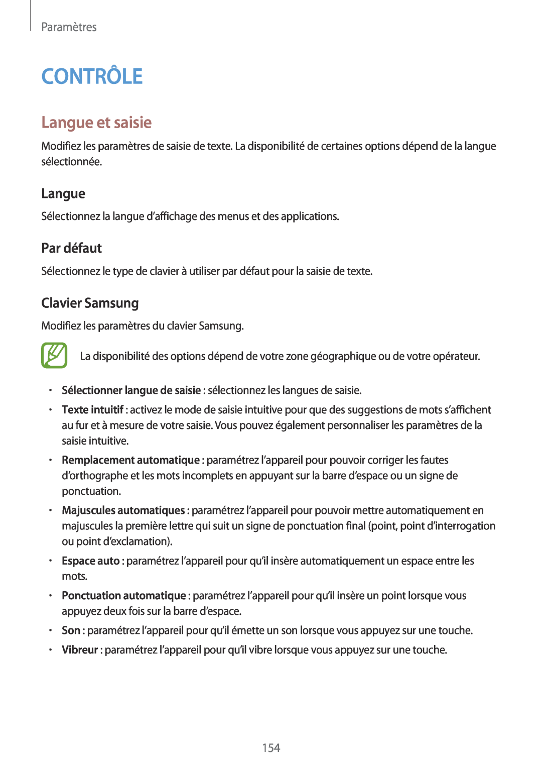 Samsung SM-P9050ZWAXEF, SM-P9050ZKAXEF manual Contrôle, Langue et saisie, Par défaut, Clavier Samsung, Paramètres 