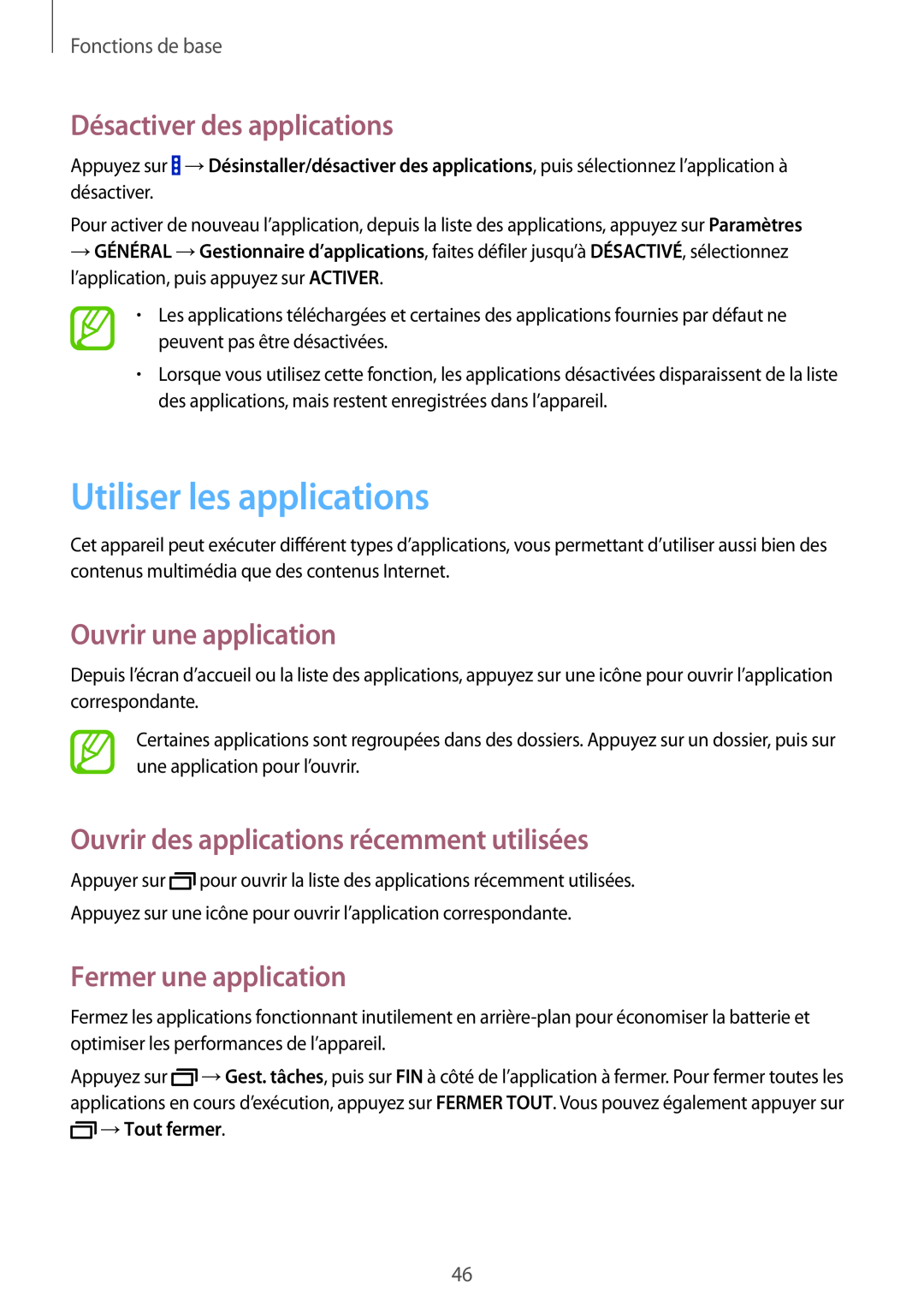 Samsung SM-P9050ZWAXEF manual Utiliser les applications, Désactiver des applications, Ouvrir une application, →Tout fermer 