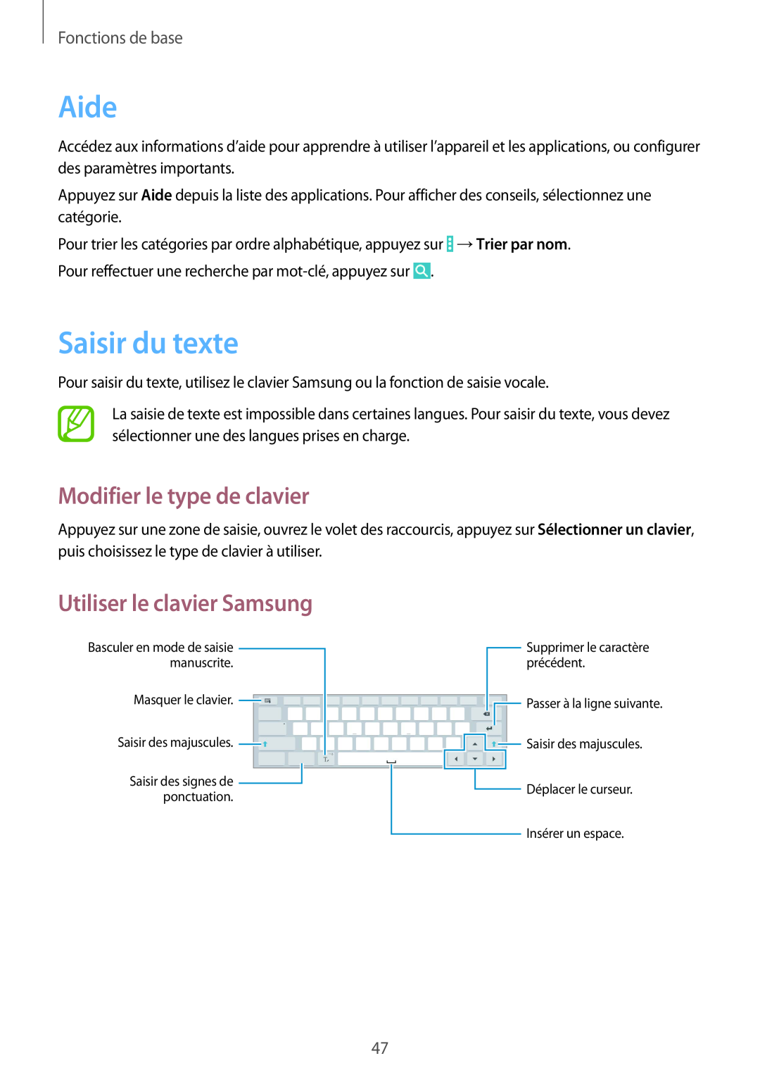 Samsung SM-P9050ZKAXEF Aide, Saisir du texte, Modifier le type de clavier, Utiliser le clavier Samsung, Fonctions de base 
