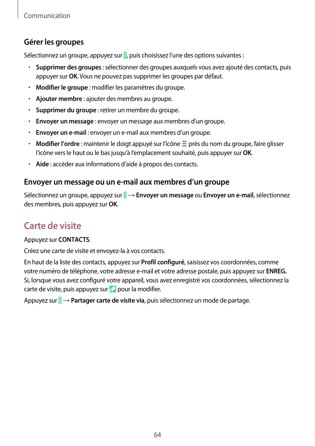Samsung SM-P9050ZWAXEF manual Carte de visite, Gérer les groupes, Envoyer un message ou un e-mail aux membres d’un groupe 