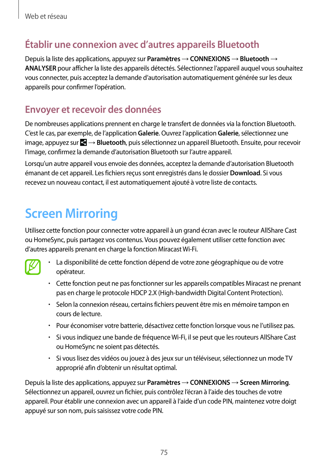Samsung SM-P9050ZKAXEF manual Screen Mirroring, Établir une connexion avec d’autres appareils Bluetooth, Web et réseau 