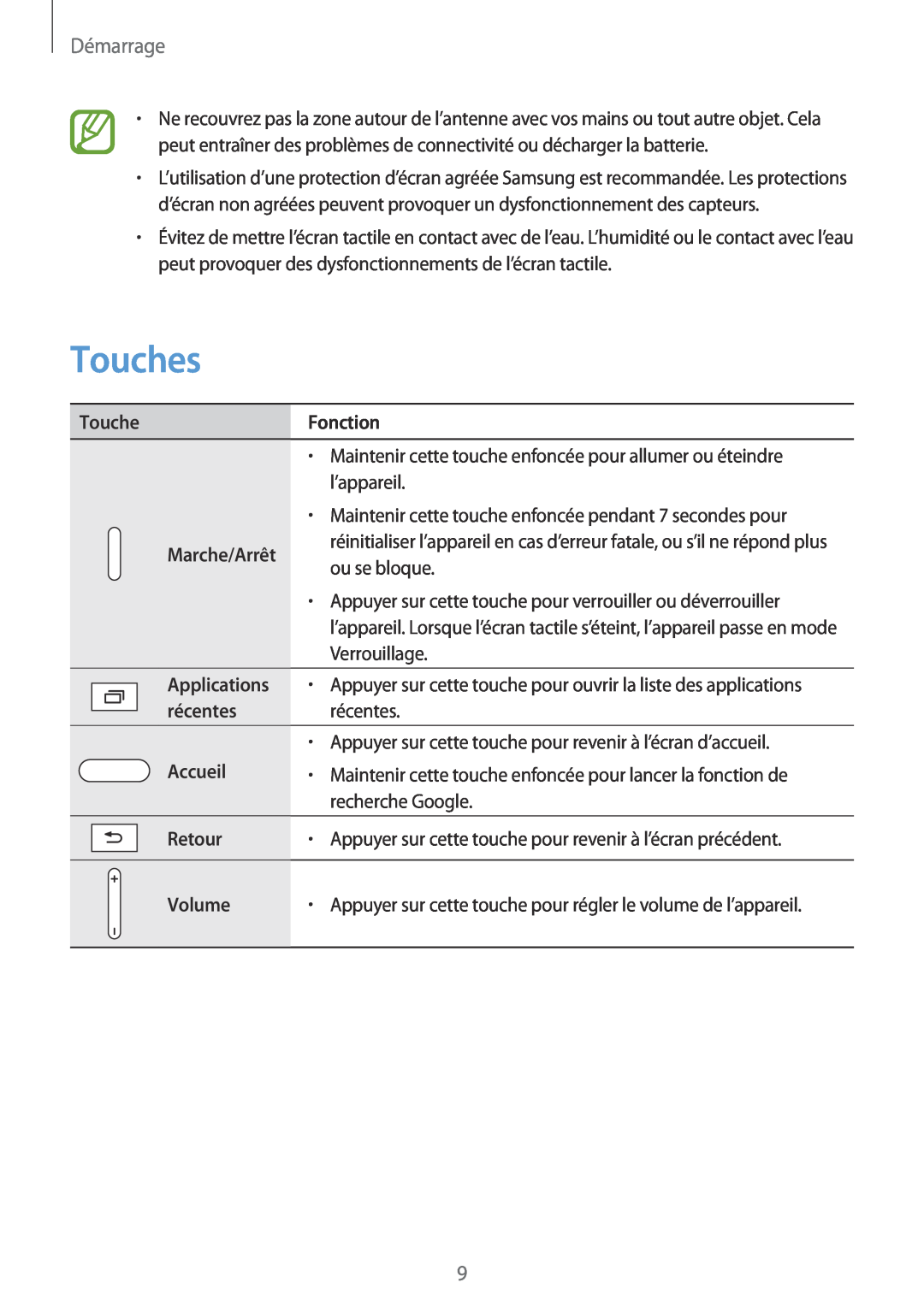 Samsung SM-P9050ZKAXEF manual Touches, Démarrage, Fonction, Marche/Arrêt, Applications, récentes, Accueil, Retour, Volume 