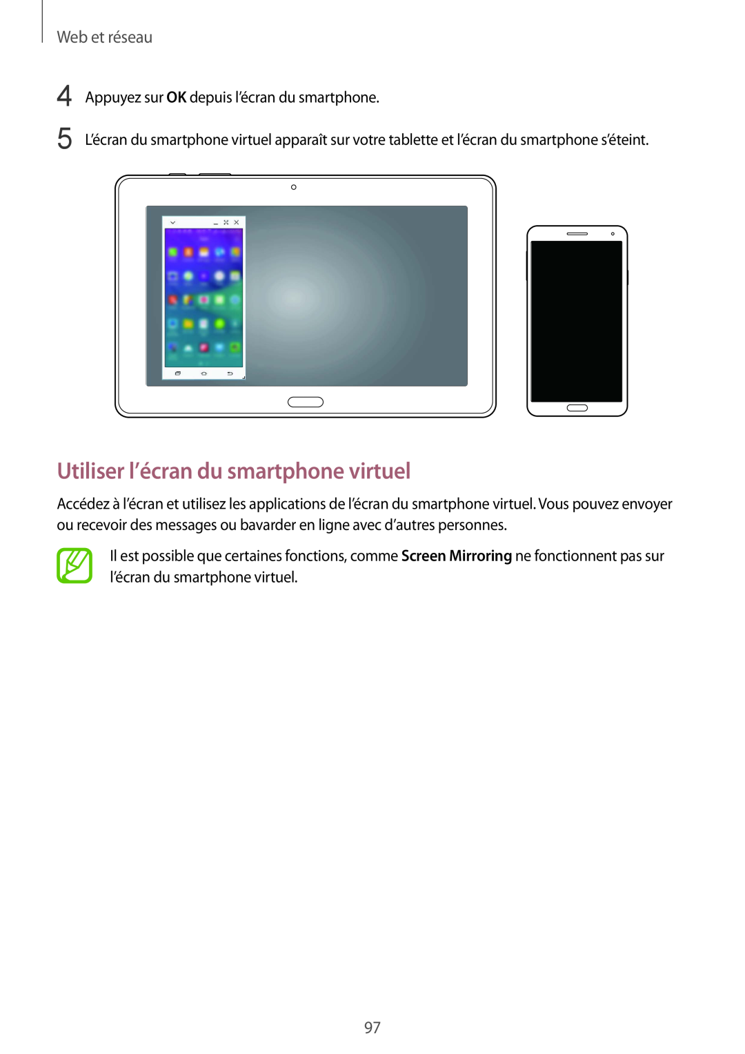 Samsung SM-P9050ZKAXEF, SM-P9050ZWAXEF manual Utiliser l’écran du smartphone virtuel, Web et réseau 