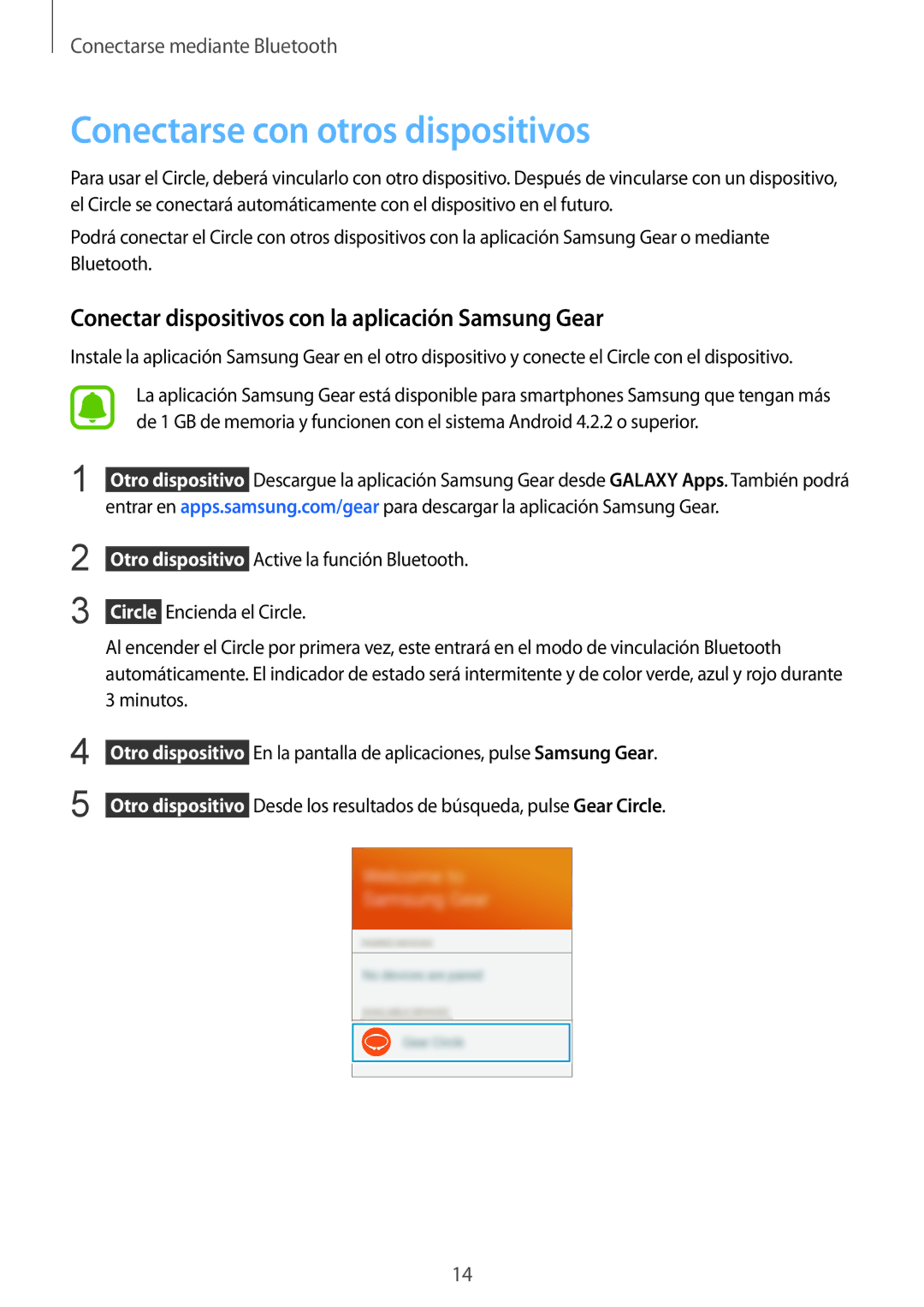 Samsung SM-R130NZBAPHE manual Conectarse con otros dispositivos, Conectar dispositivos con la aplicación Samsung Gear 