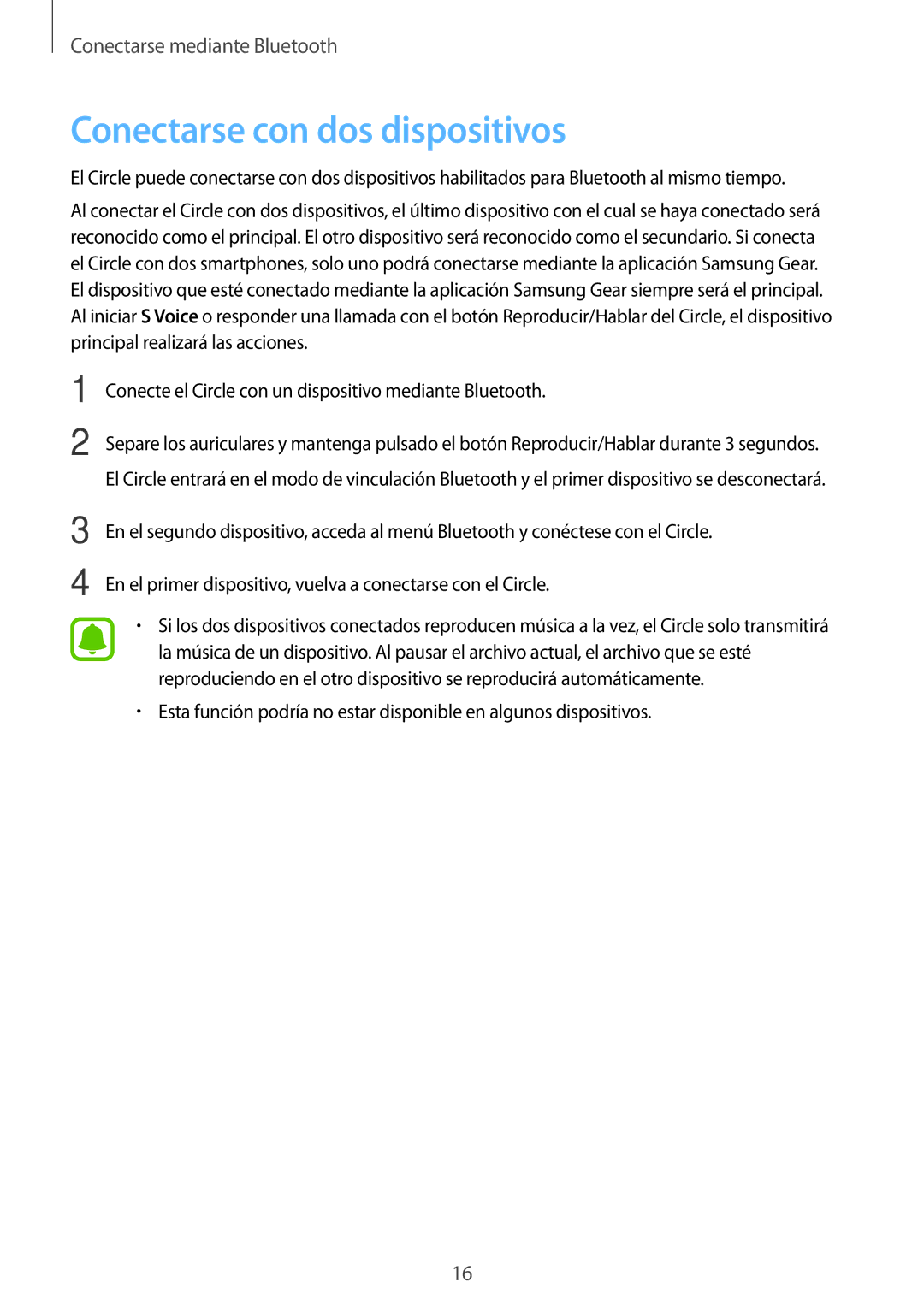 Samsung SM-R130NZKATPH manual Conectarse con dos dispositivos, Conecte el Circle con un dispositivo mediante Bluetooth 