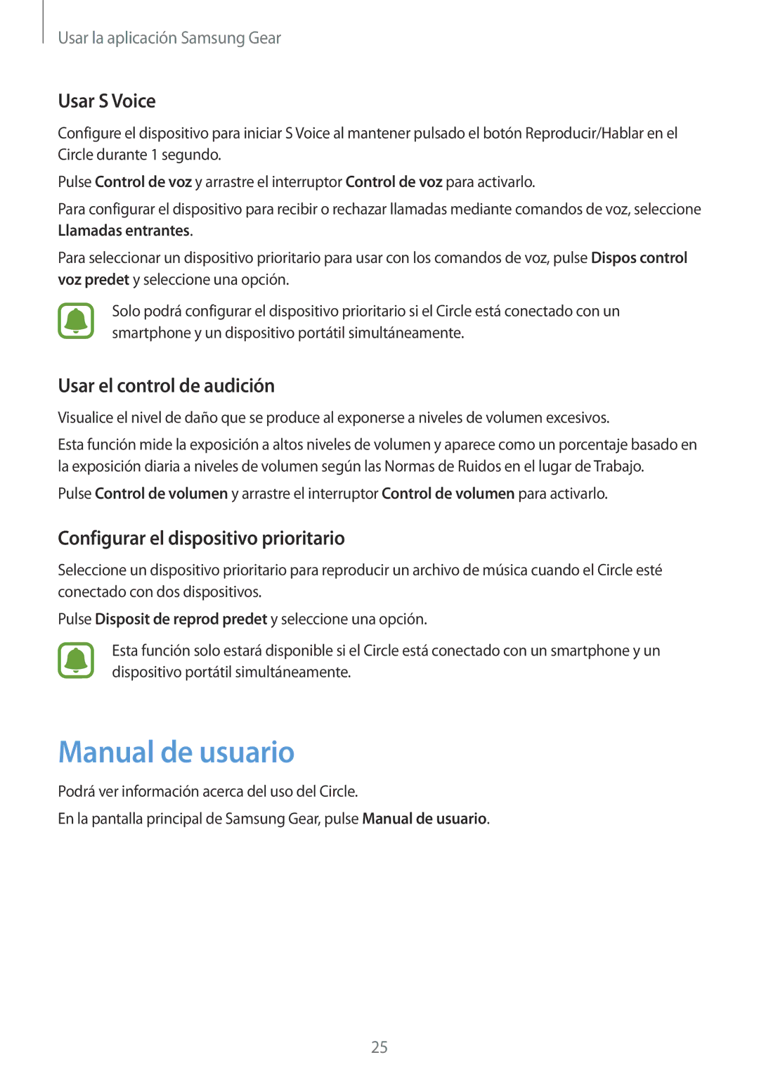 Samsung SM-R130NZWAPHE Manual de usuario, Usar S Voice, Usar el control de audición, Configurar el dispositivo prioritario 