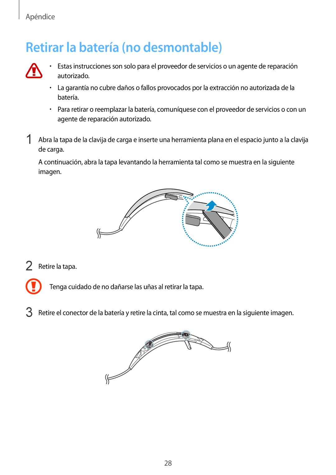 Samsung SM-R130NZKATPH, SM-R130NZWAPHE, SM-R130NZBAPHE, SM-R130NZKAPHE manual Retirar la batería no desmontable 