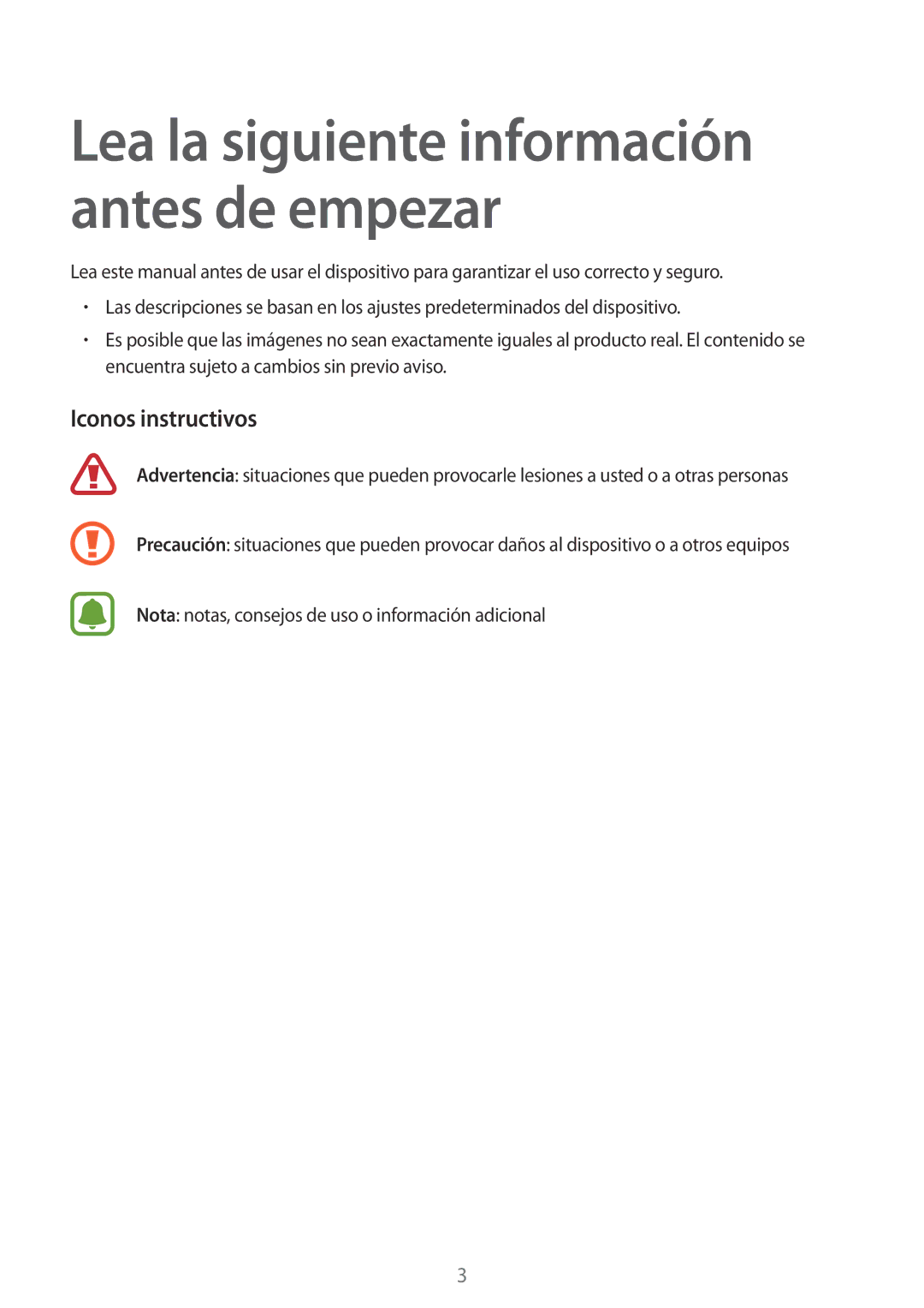 Samsung SM-R130NZKAPHE, SM-R130NZKATPH, SM-R130NZWAPHE Lea la siguiente información antes de empezar, Iconos instructivos 