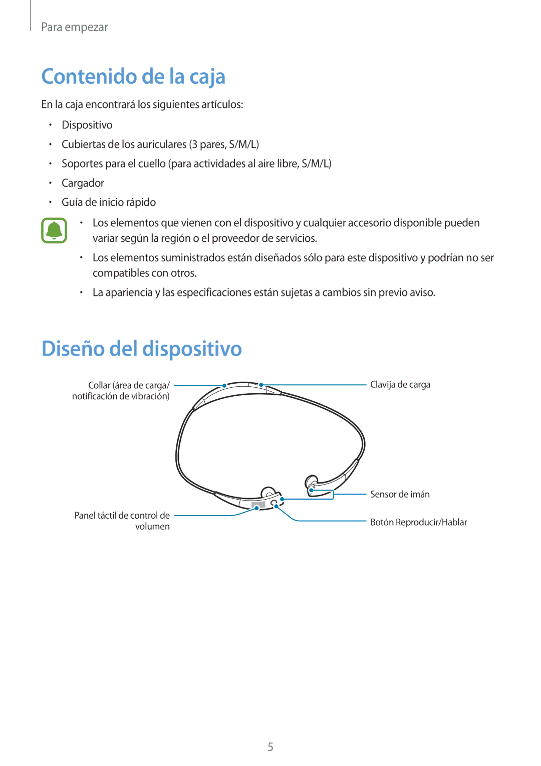 Samsung SM-R130NZWAPHE, SM-R130NZKATPH, SM-R130NZBAPHE, SM-R130NZKAPHE manual Contenido de la caja, Diseño del dispositivo 