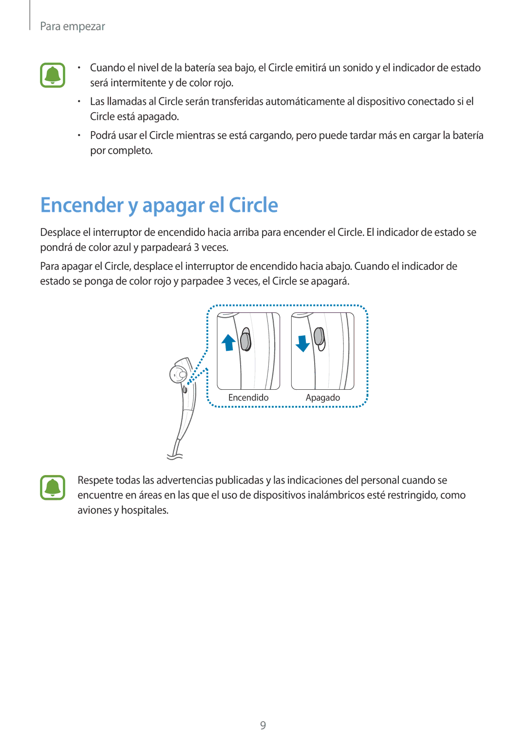 Samsung SM-R130NZWAPHE, SM-R130NZKATPH, SM-R130NZBAPHE, SM-R130NZKAPHE manual Encender y apagar el Circle 