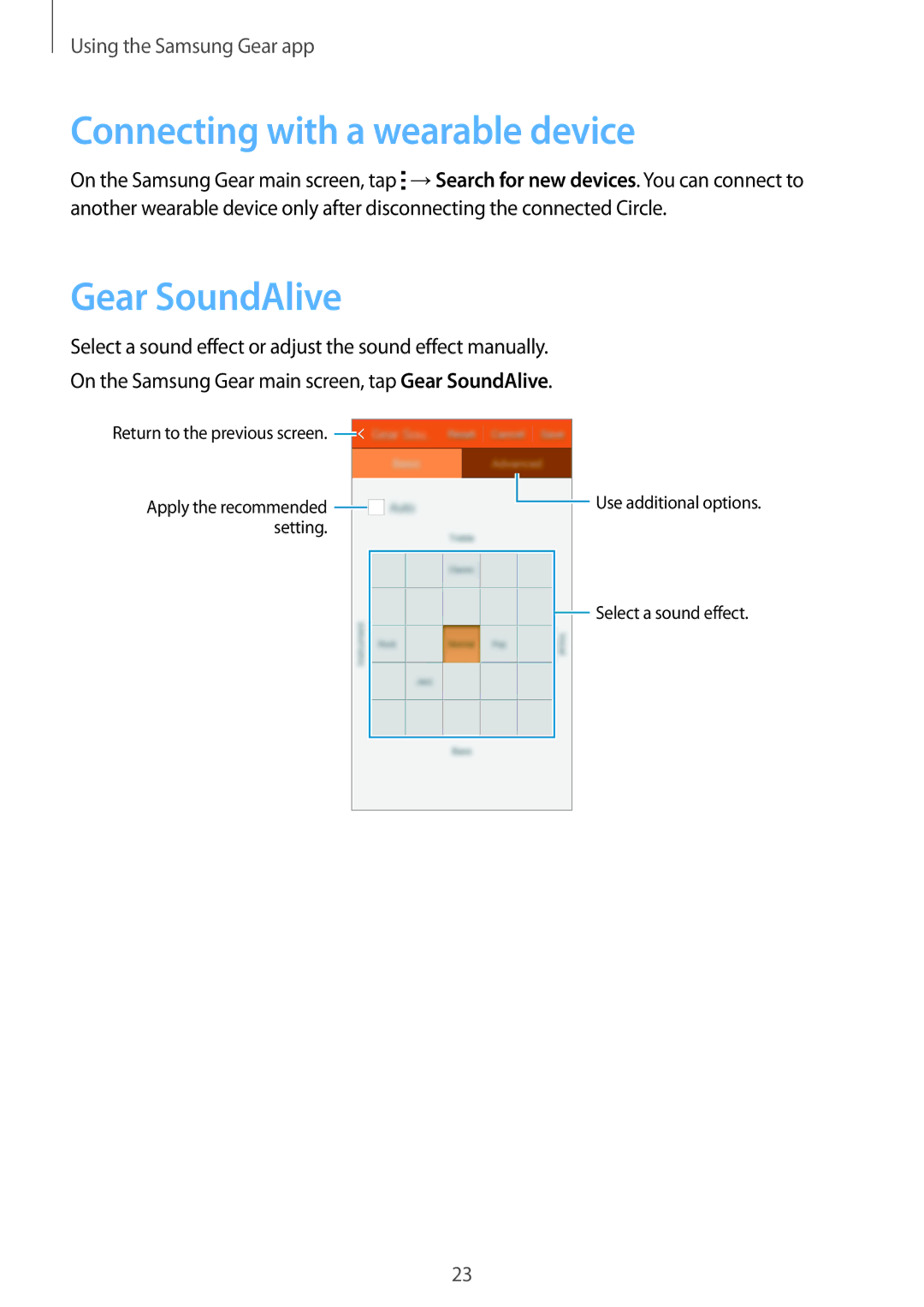 Samsung SM-R130NZWAXSK, SM-R130NZWADBT, SM-R130NZKATUR, SM-R130NZKATPH Connecting with a wearable device, Gear SoundAlive 