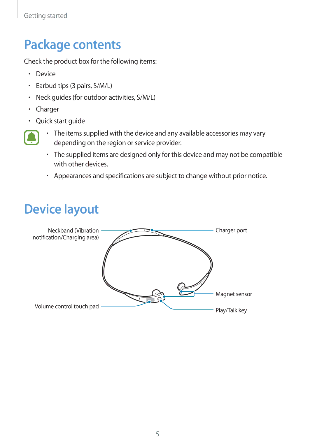 Samsung SM-R130NZWAXEF, SM-R130NZWADBT, SM-R130NZKATUR, SM-R130NZKATPH, SM-R130NZKADBT manual Package contents, Device layout 