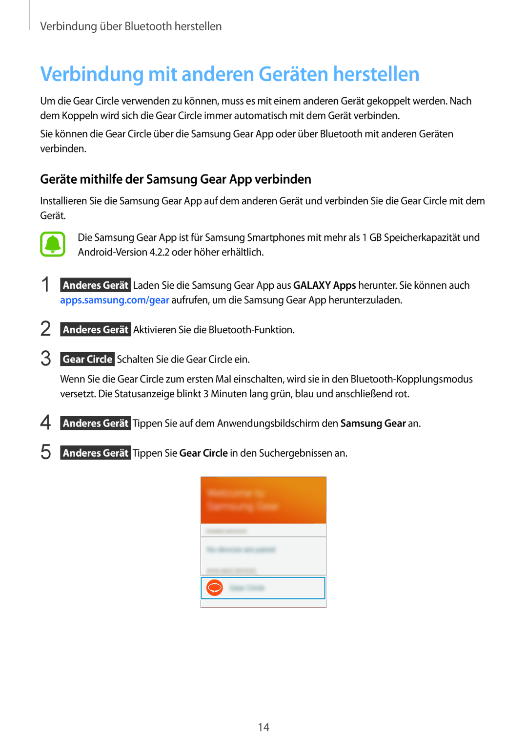 Samsung SM-R130NZBADBT manual Verbindung mit anderen Geräten herstellen, Geräte mithilfe der Samsung Gear App verbinden 