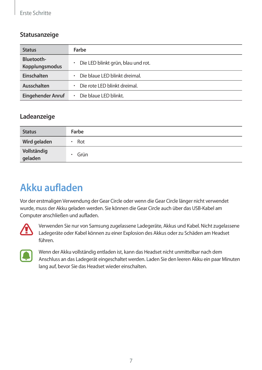 Samsung SM-R130NZKATPH, SM-R130NZWADBT, SM-R130NZKATUR, SM-R130NZKADBT manual Akku aufladen, Statusanzeige, Ladeanzeige 