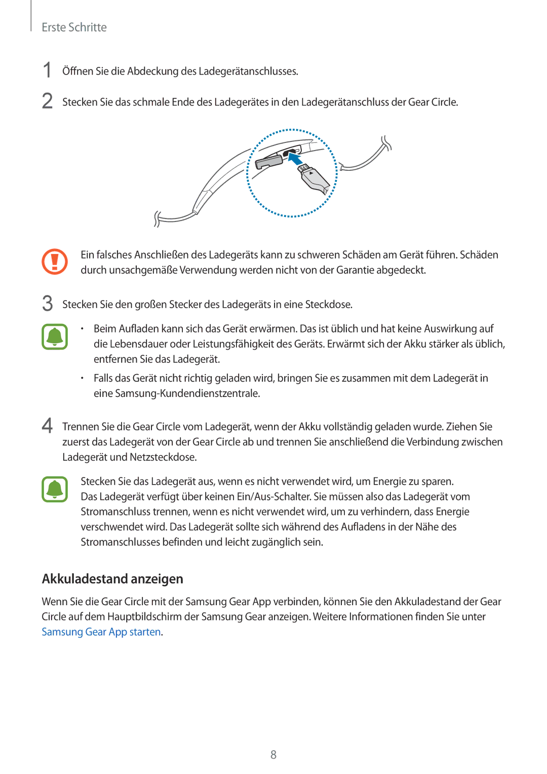 Samsung SM-R130NZKADBT, SM-R130NZWADBT, SM-R130NZKATUR, SM-R130NZKATPH, SM-R130NZBADBT manual Akkuladestand anzeigen 