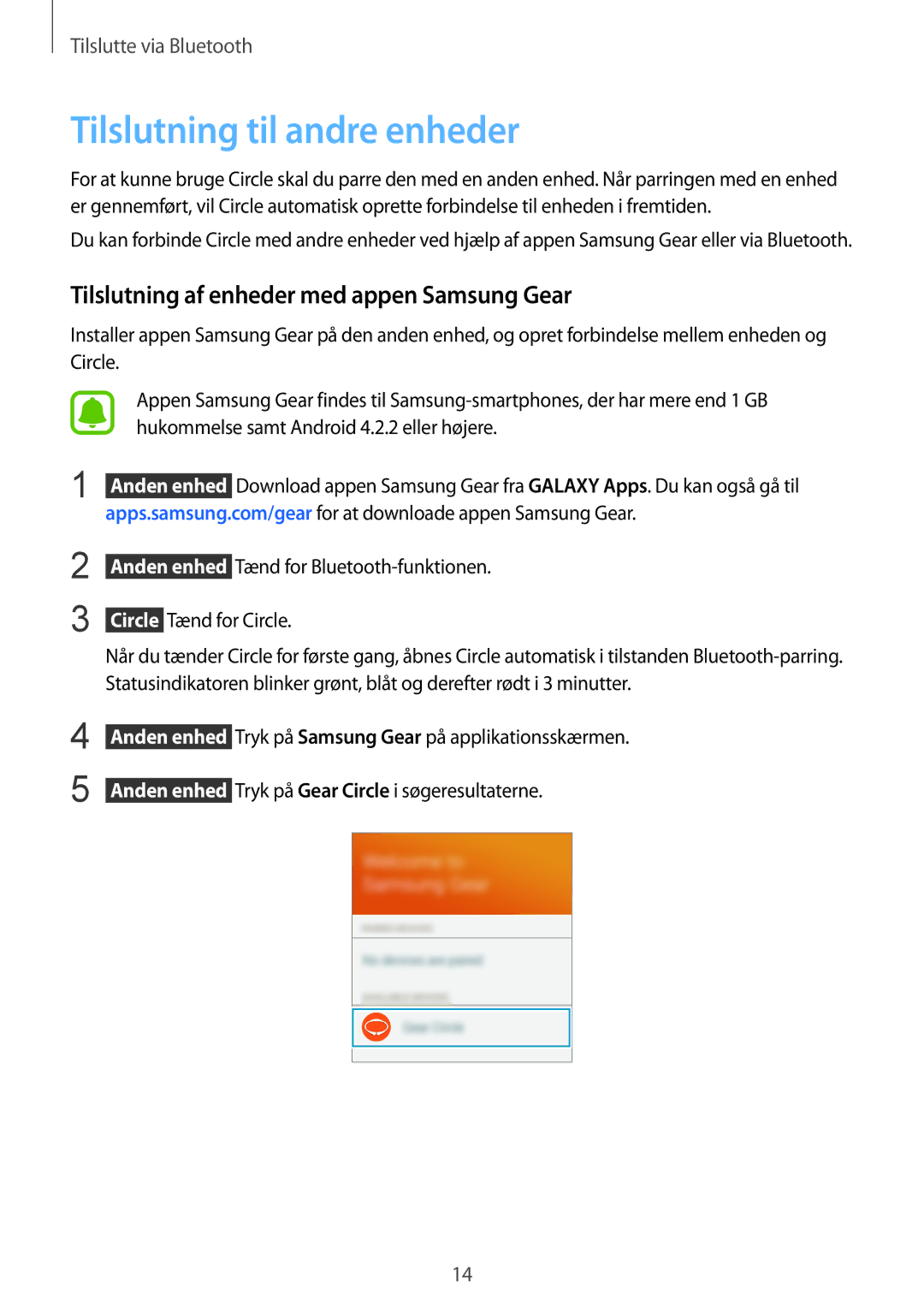 Samsung SM-R130NZBANEE, SM-R130NZWANEE manual Tilslutning til andre enheder, Tilslutning af enheder med appen Samsung Gear 