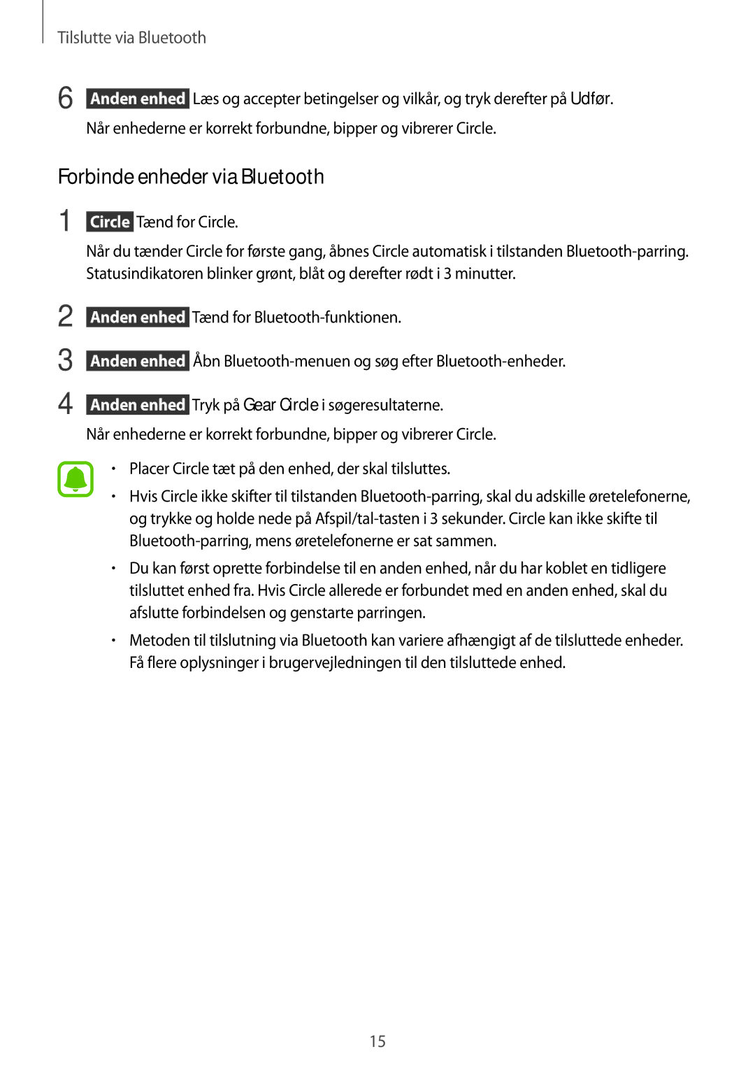 Samsung SM-R130NZWANEE, SM-R130NZKANEE, SM-R130NZBANEE manual Forbinde enheder via Bluetooth 