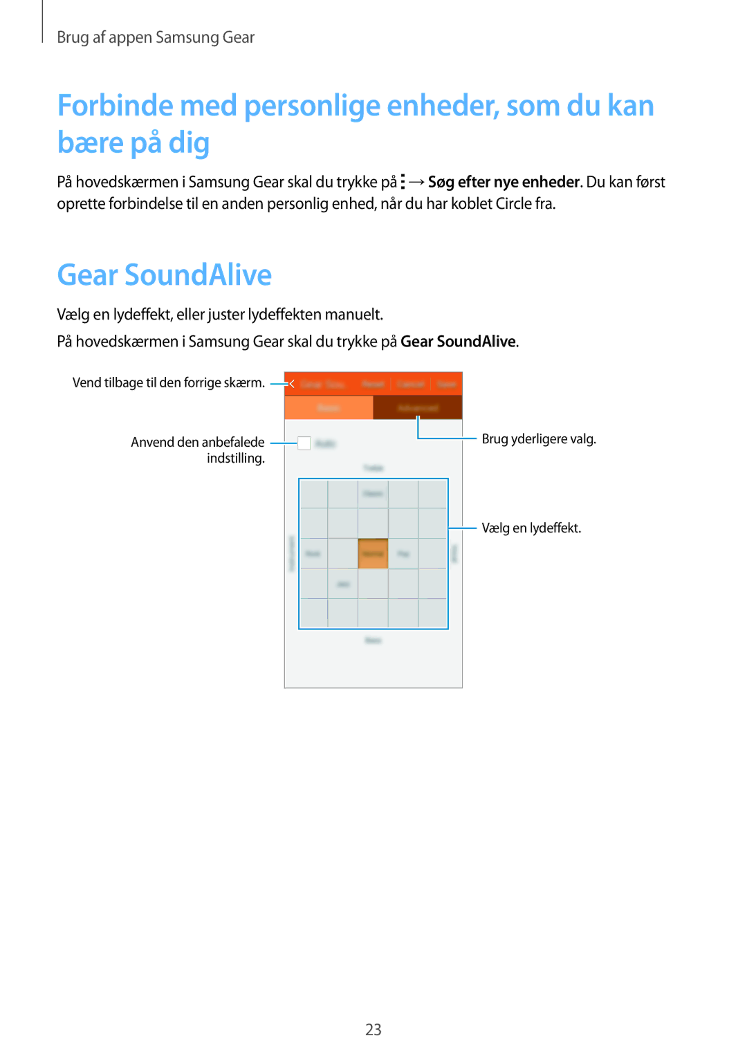 Samsung SM-R130NZBANEE, SM-R130NZWANEE manual Forbinde med personlige enheder, som du kan bære på dig, Gear SoundAlive 