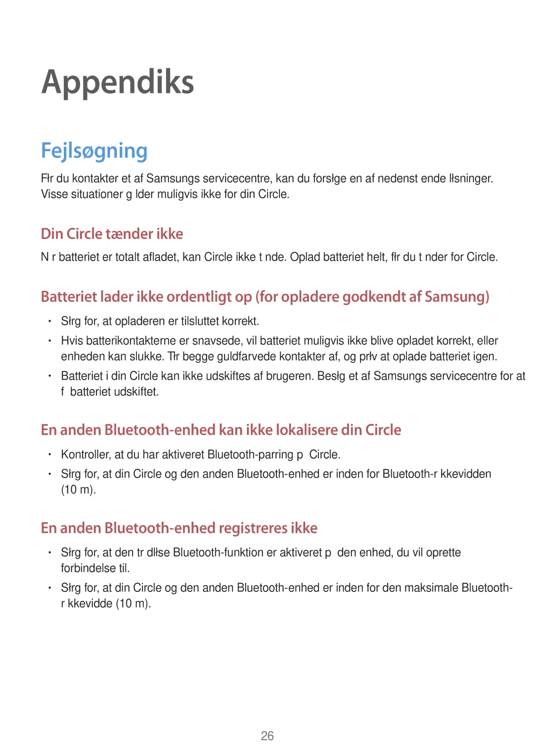 Samsung SM-R130NZBANEE, SM-R130NZWANEE, SM-R130NZKANEE manual Appendiks, Fejlsøgning 