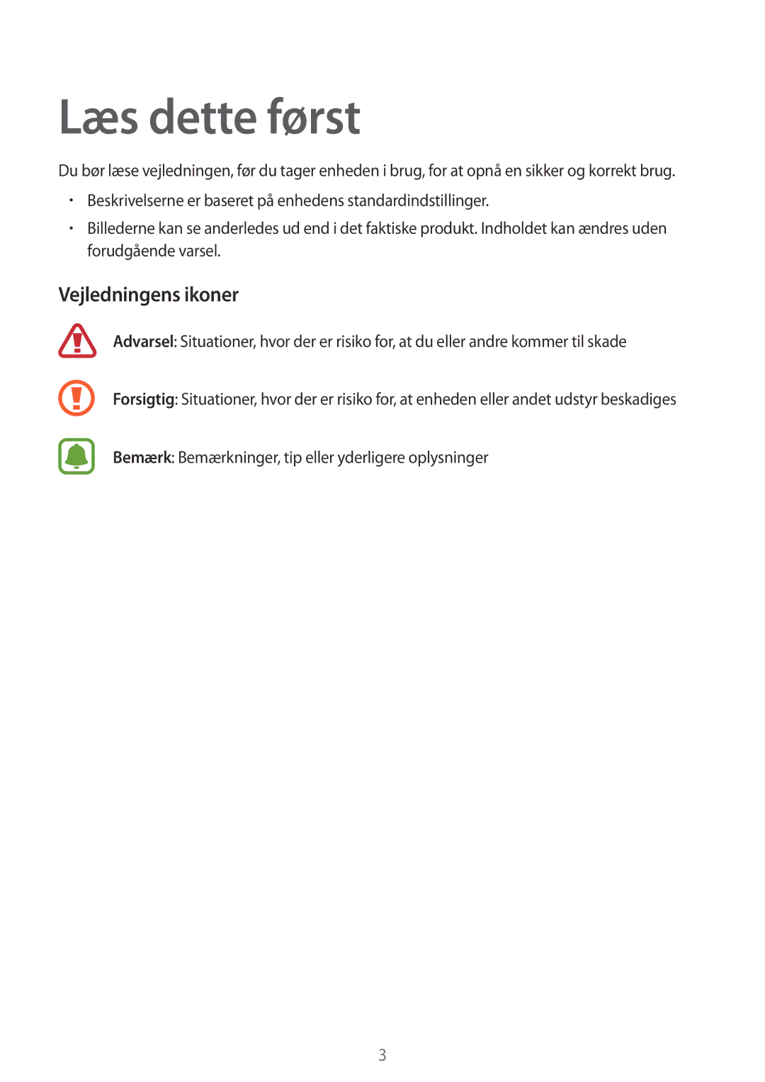 Samsung SM-R130NZWANEE, SM-R130NZKANEE, SM-R130NZBANEE manual Læs dette først, Vejledningens ikoner 