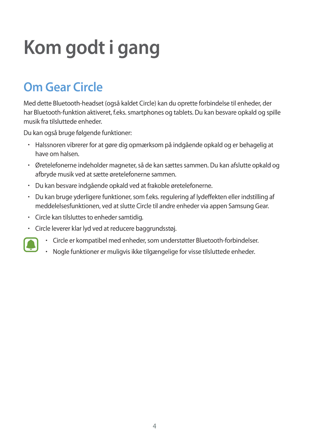 Samsung SM-R130NZKANEE, SM-R130NZWANEE, SM-R130NZBANEE manual Kom godt i gang, Om Gear Circle 