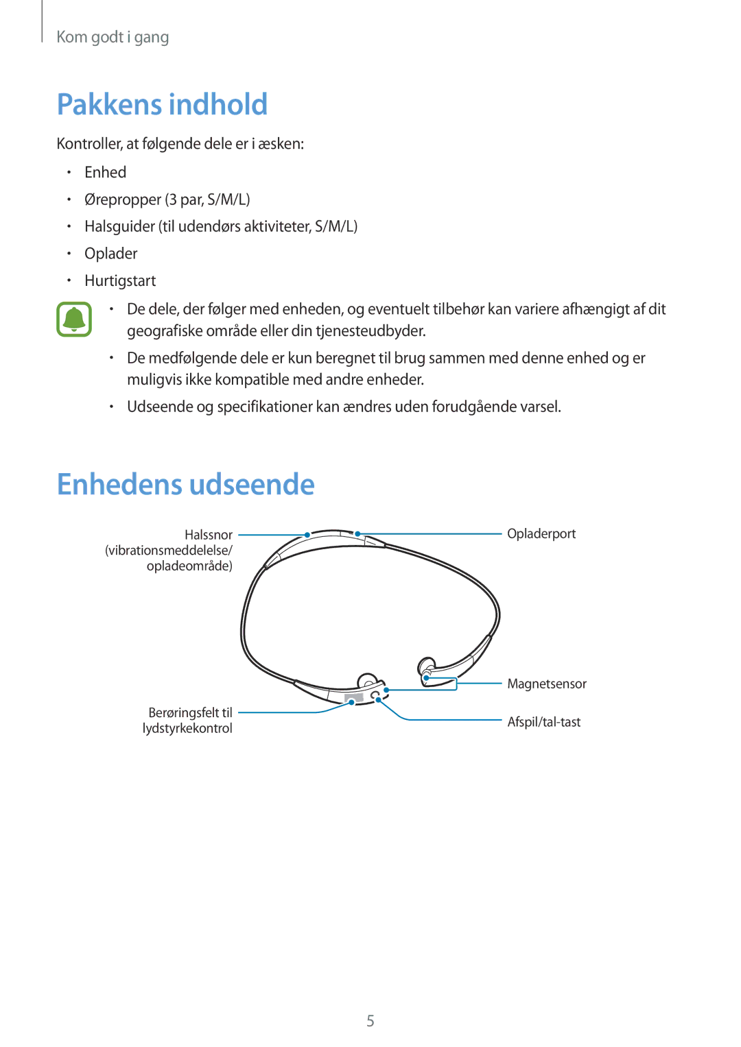 Samsung SM-R130NZBANEE, SM-R130NZWANEE, SM-R130NZKANEE manual Pakkens indhold, Enhedens udseende 