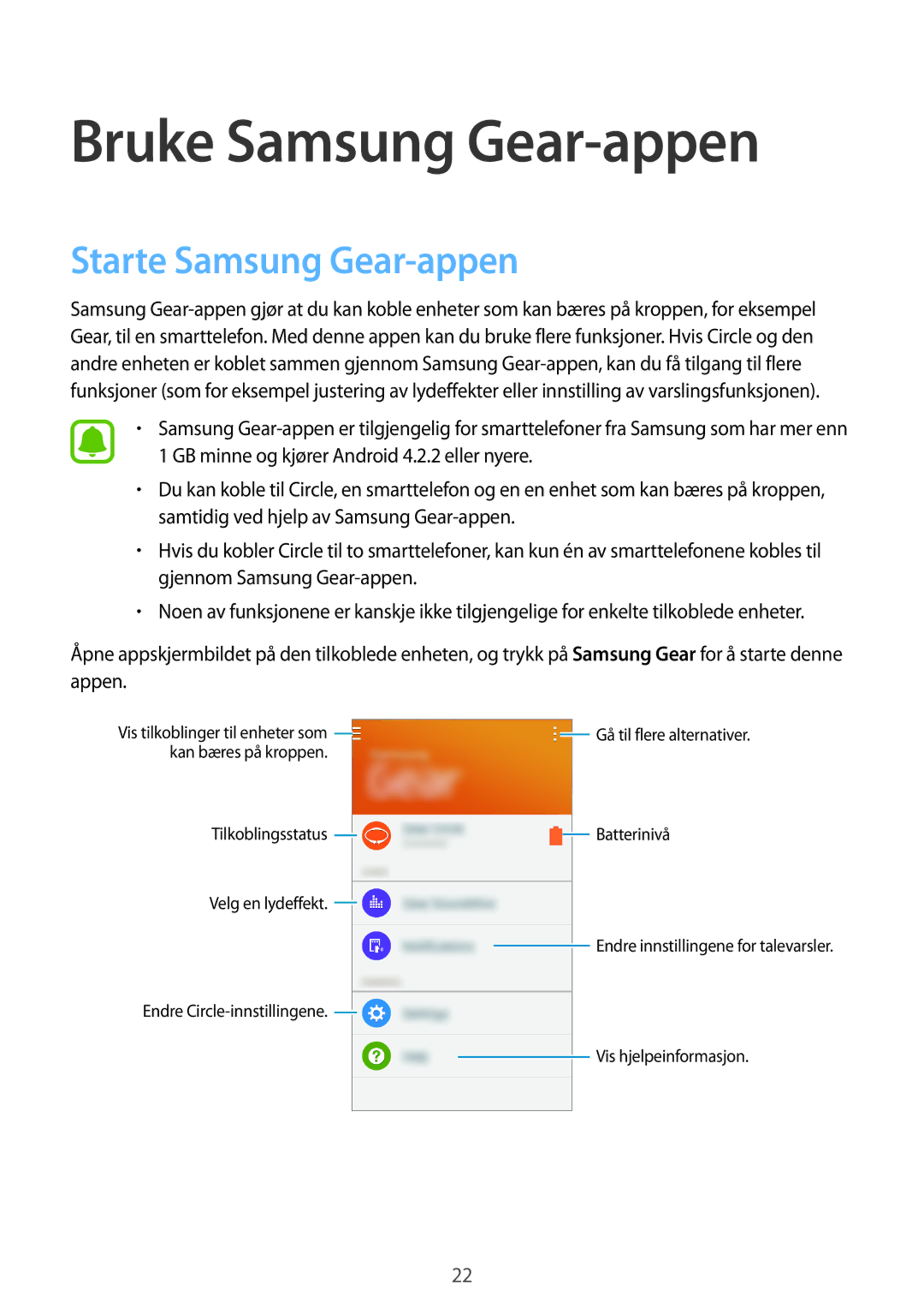 Samsung SM-R130NZKANEE, SM-R130NZWANEE, SM-R130NZBANEE manual Bruke Samsung Gear-appen, Starte Samsung Gear-appen 