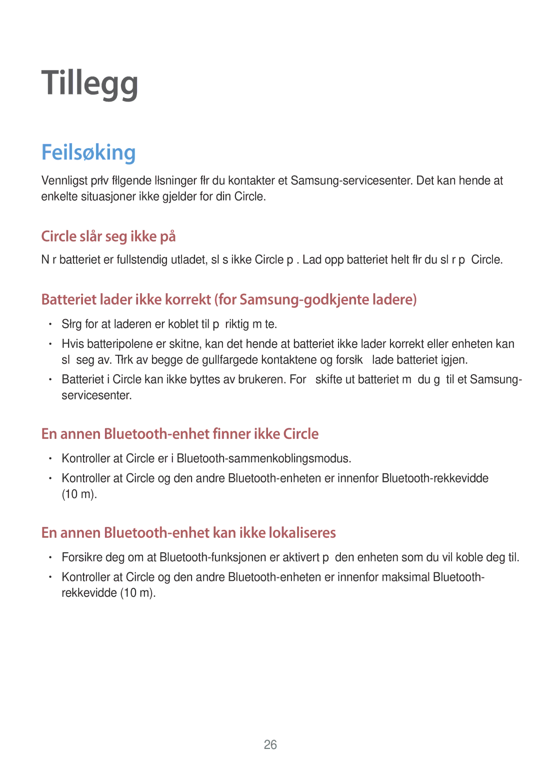 Samsung SM-R130NZBANEE, SM-R130NZWANEE, SM-R130NZKANEE manual Tillegg, Feilsøking 