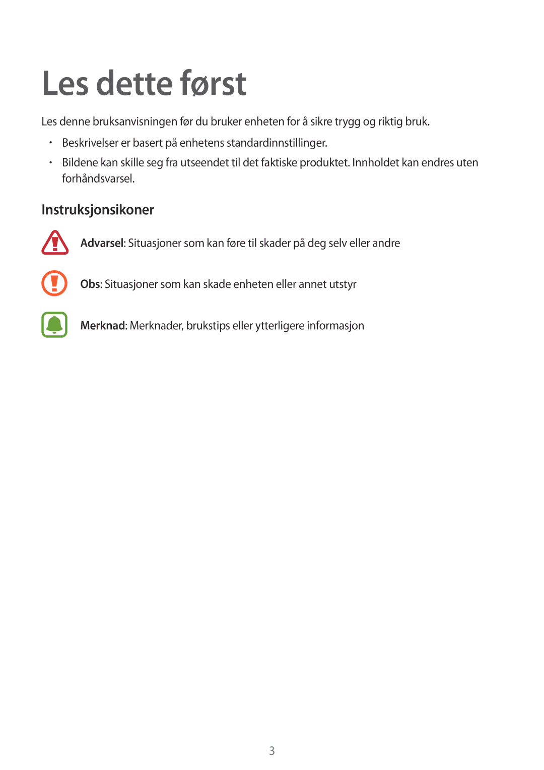 Samsung SM-R130NZWANEE, SM-R130NZKANEE, SM-R130NZBANEE manual Les dette først, Instruksjonsikoner 