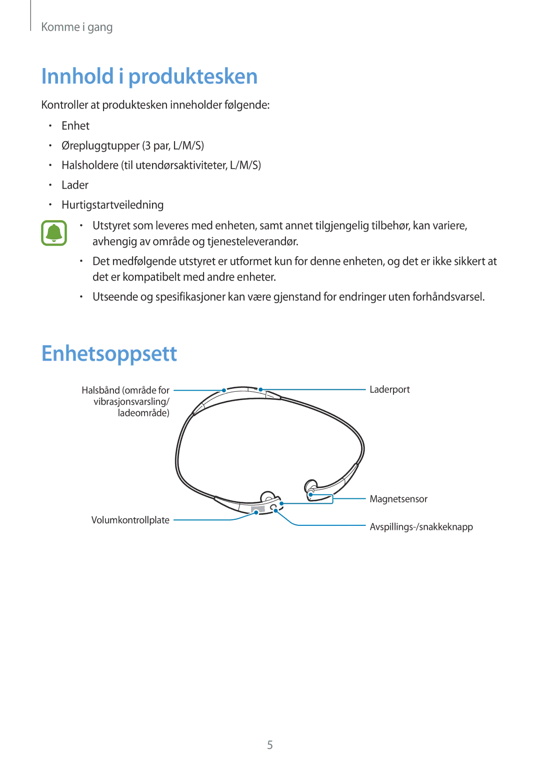 Samsung SM-R130NZBANEE, SM-R130NZWANEE, SM-R130NZKANEE manual Innhold i produktesken, Enhetsoppsett 