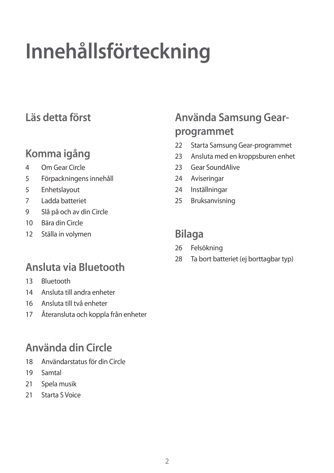 Samsung SM-R130NZBANEE, SM-R130NZWANEE, SM-R130NZKANEE manual Innehållsförteckning, Läs detta först Komma igång 