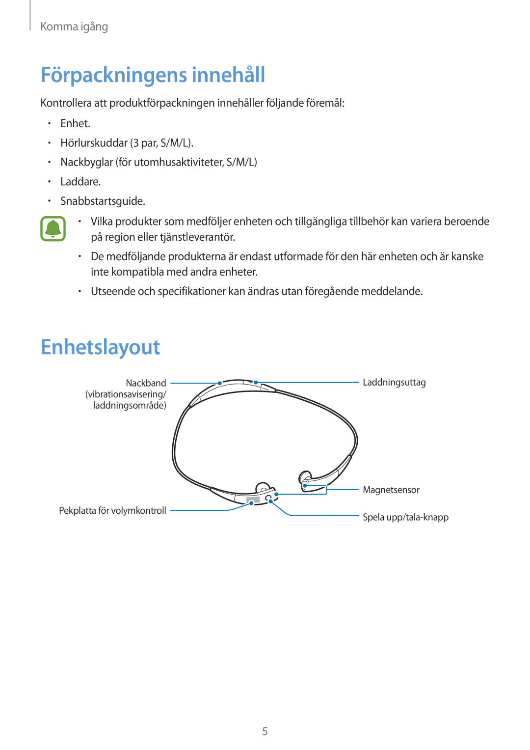 Samsung SM-R130NZBANEE, SM-R130NZWANEE, SM-R130NZKANEE manual Förpackningens innehåll, Enhetslayout 