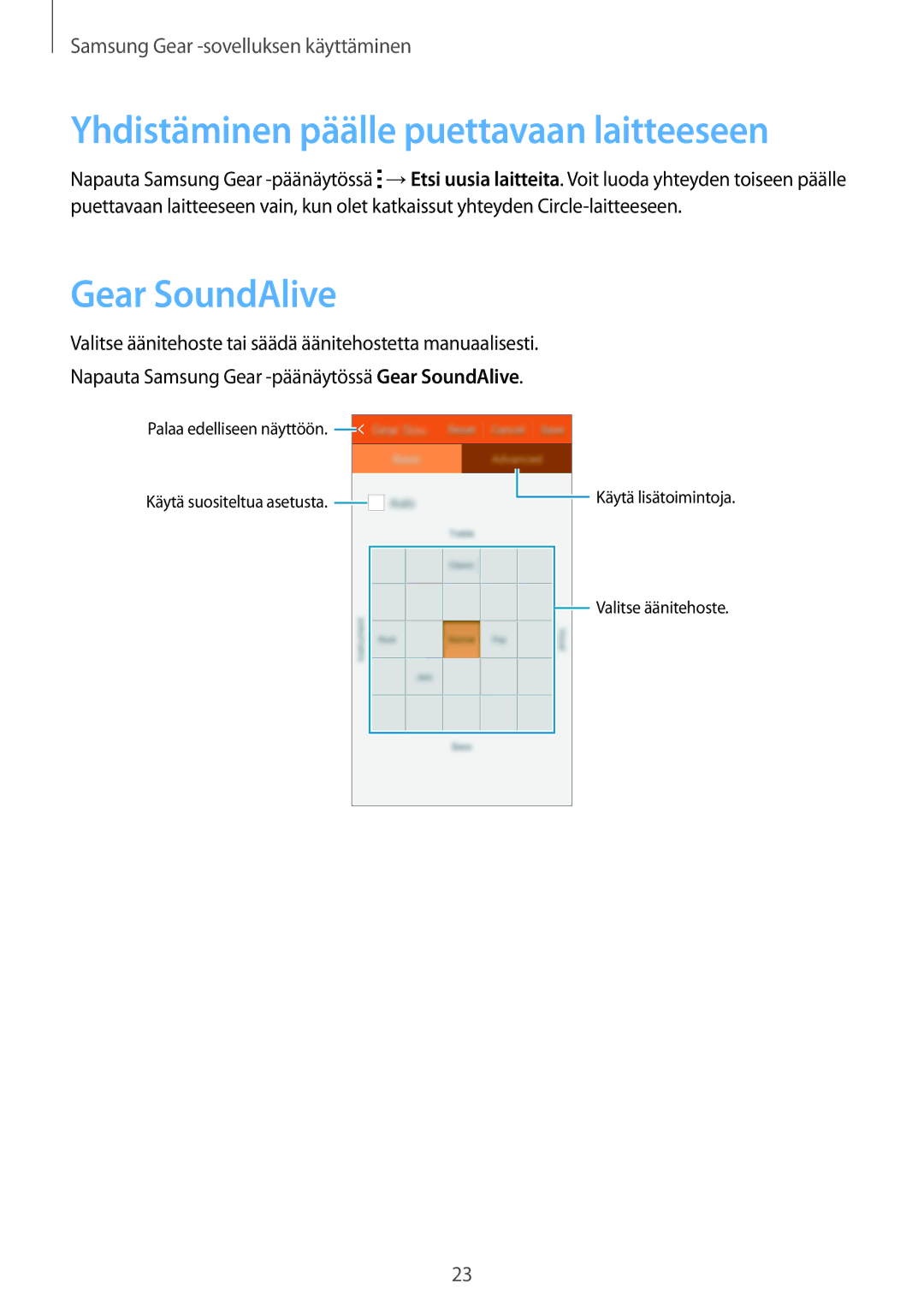 Samsung SM-R130NZBANEE, SM-R130NZWANEE, SM-R130NZKANEE manual Yhdistäminen päälle puettavaan laitteeseen, Gear SoundAlive 