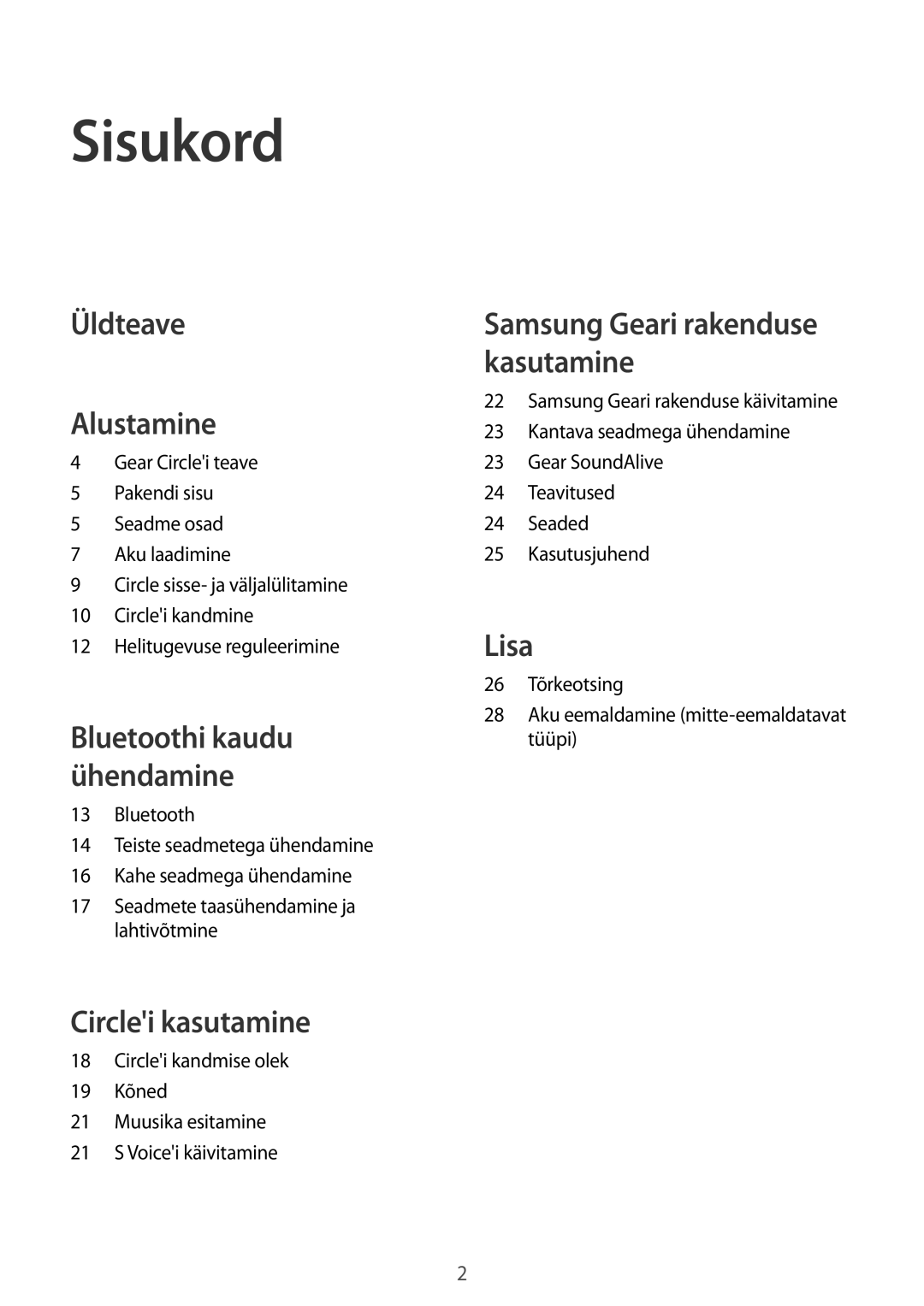 Samsung SM-R130NZKASEB, SM-R130NZWASEB, SM-R130NZBASEB manual Sisukord, Üldteave Alustamine 