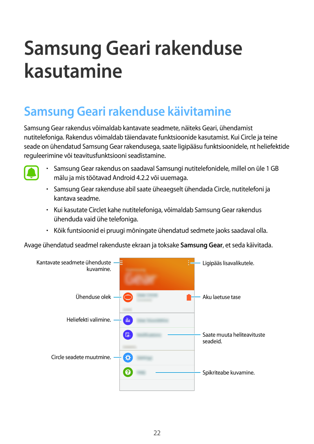 Samsung SM-R130NZBASEB, SM-R130NZWASEB manual Samsung Geari rakenduse kasutamine, Samsung Geari rakenduse käivitamine 