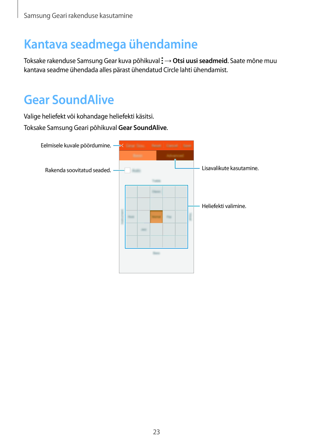 Samsung SM-R130NZKASEB, SM-R130NZWASEB, SM-R130NZBASEB manual Kantava seadmega ühendamine, Gear SoundAlive 