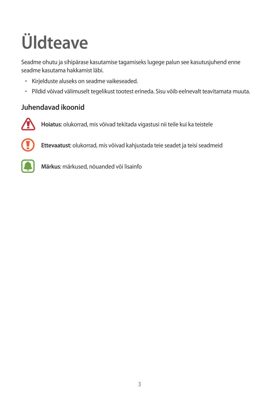 Samsung SM-R130NZWASEB, SM-R130NZBASEB, SM-R130NZKASEB manual Üldteave, Juhendavad ikoonid 