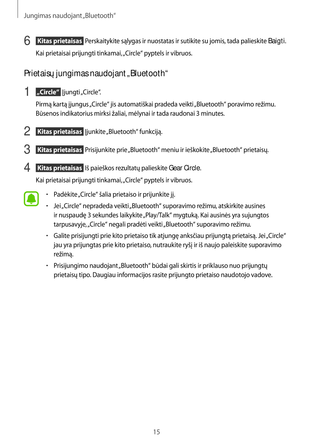 Samsung SM-R130NZWASEB manual Prietaisų jungimas naudojant„Bluetooth, Padėkite„Circle šalia prietaiso ir prijunkite jį 