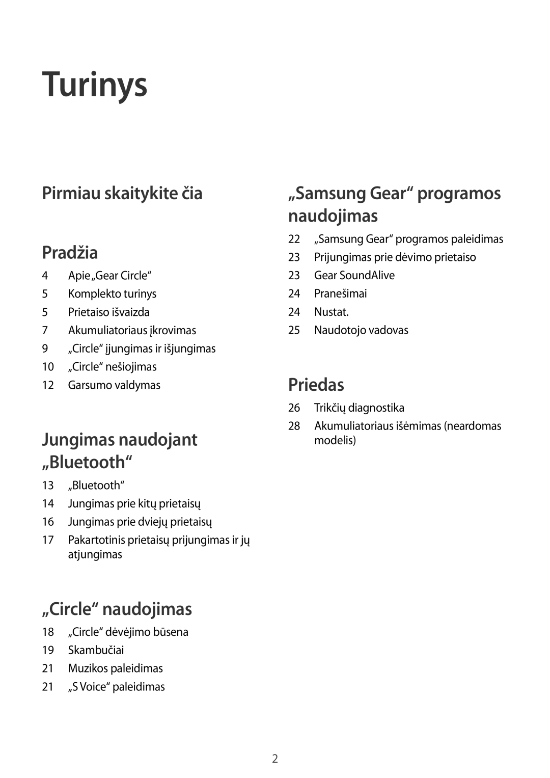 Samsung SM-R130NZKASEB, SM-R130NZWASEB, SM-R130NZBASEB manual Turinys, Pirmiau skaitykite čia Pradžia 