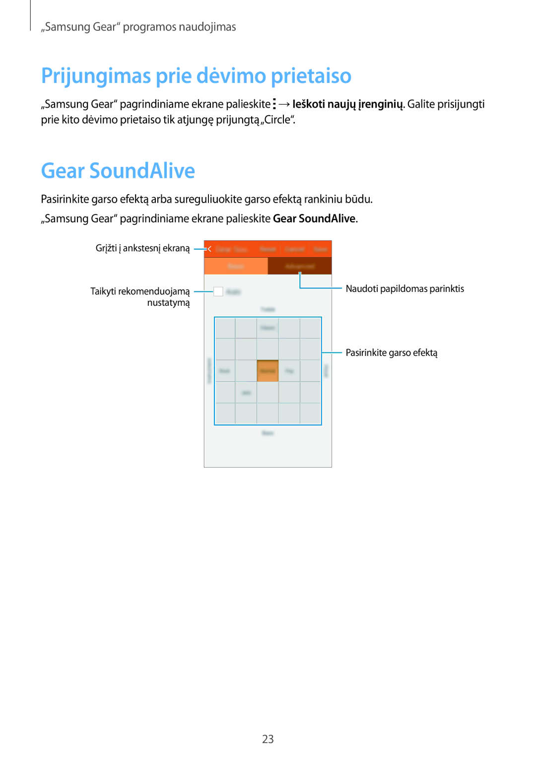 Samsung SM-R130NZKASEB, SM-R130NZWASEB, SM-R130NZBASEB manual Prijungimas prie dėvimo prietaiso, Gear SoundAlive 