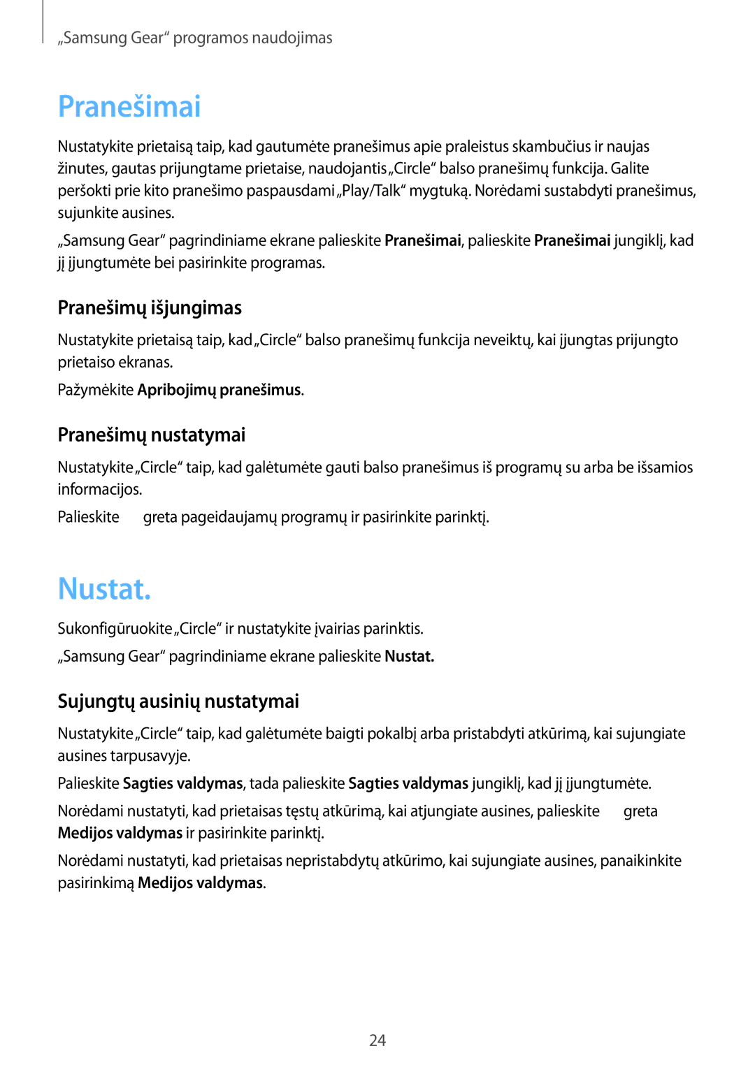 Samsung SM-R130NZWASEB manual Pranešimai, Nustat, Pranešimų išjungimas, Pranešimų nustatymai, Sujungtų ausinių nustatymai 