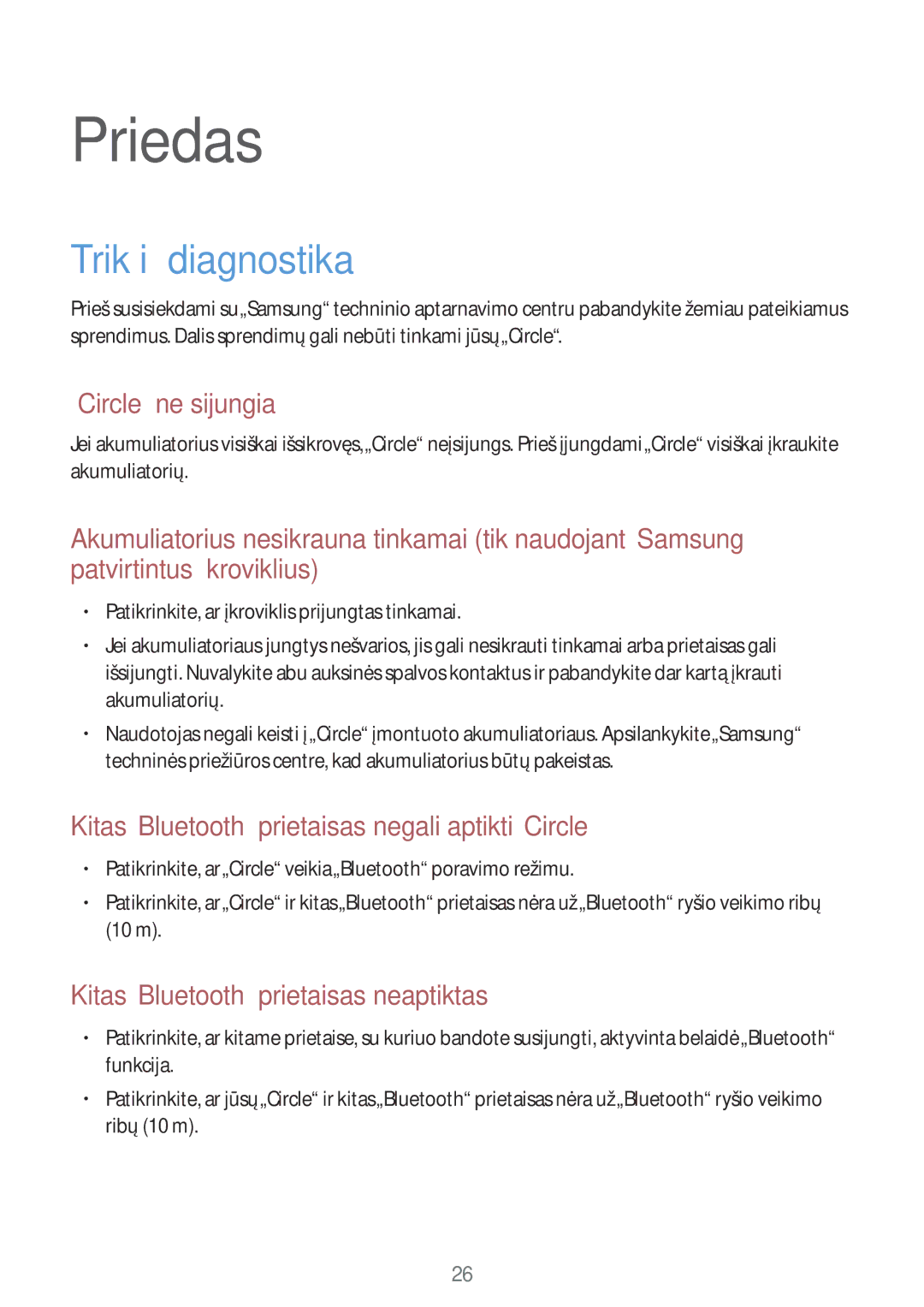 Samsung SM-R130NZKASEB, SM-R130NZWASEB, SM-R130NZBASEB manual Priedas, Trikčių diagnostika 