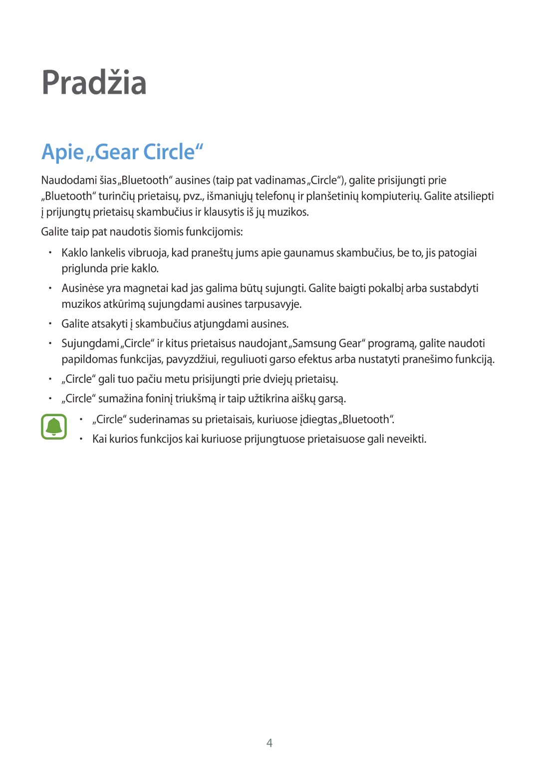 Samsung SM-R130NZBASEB, SM-R130NZWASEB, SM-R130NZKASEB manual Pradžia, Apie„Gear Circle 