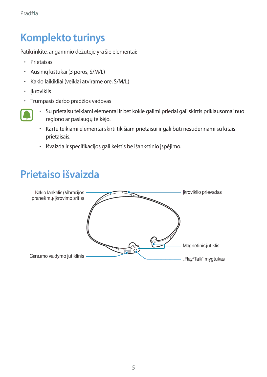 Samsung SM-R130NZKASEB, SM-R130NZWASEB, SM-R130NZBASEB manual Komplekto turinys, Prietaiso išvaizda 